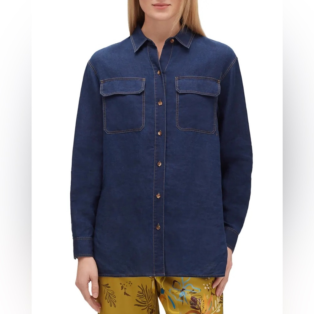 LAFAYETTE 148 Everson Long Sleeve Button Front Blouse in Linen Chambray Denim